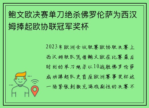 鲍文欧决赛单刀绝杀佛罗伦萨为西汉姆捧起欧协联冠军奖杯