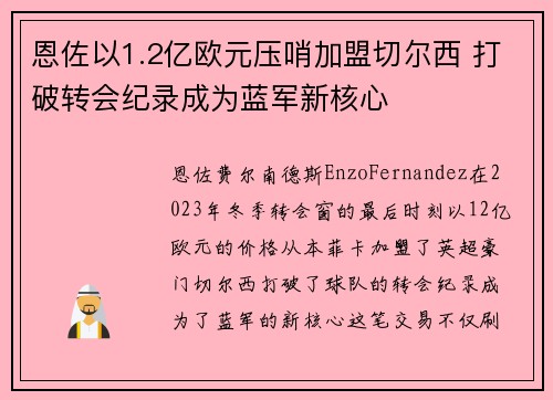 恩佐以1.2亿欧元压哨加盟切尔西 打破转会纪录成为蓝军新核心